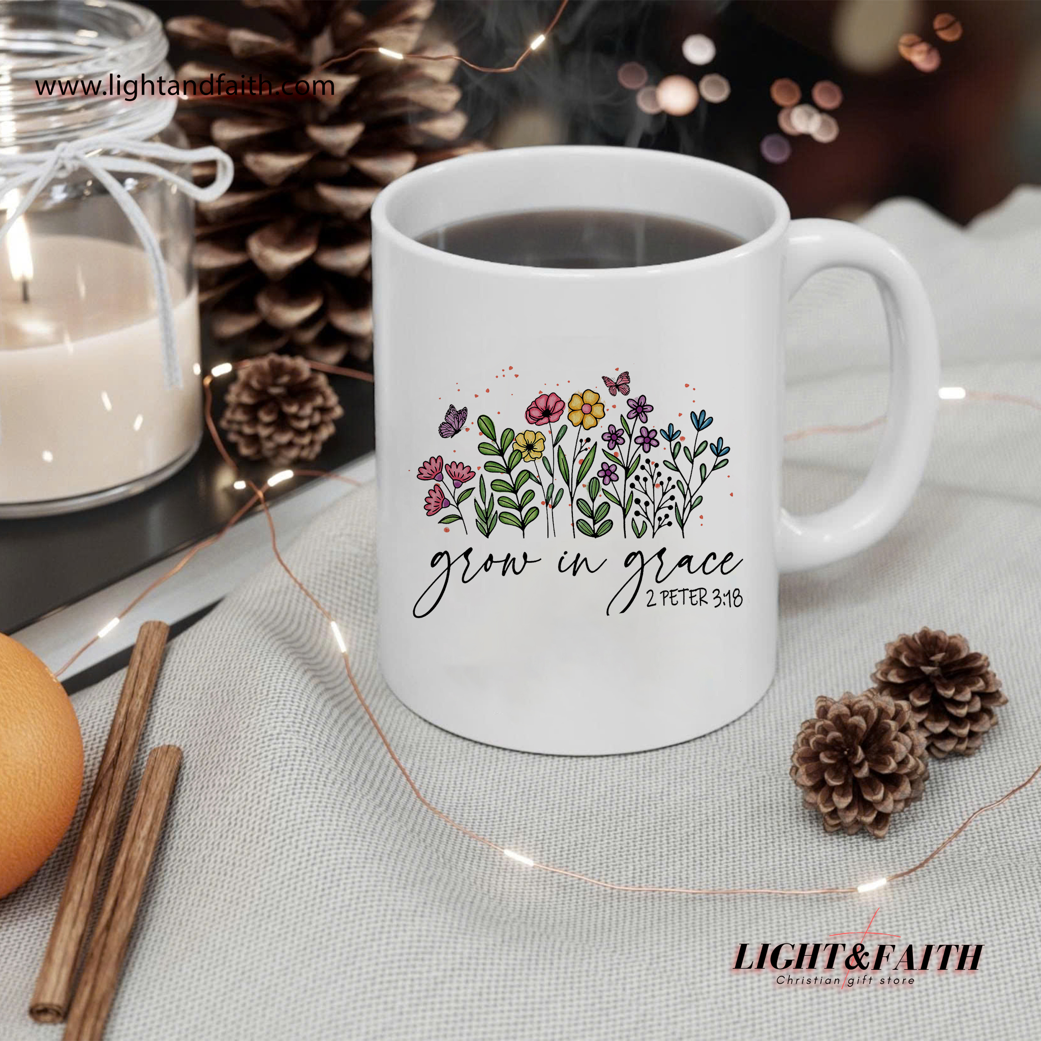 Grow in Grace Mug – 2 Peter 3:18 Bible Verse Floral Mug, Christian Encouragement Gift MULAF23